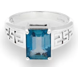 9Ct White Gold Emerald Cut London Blue Topaz & Greek Key Shoulders (Size N 1/2) - Picture 1 of 3