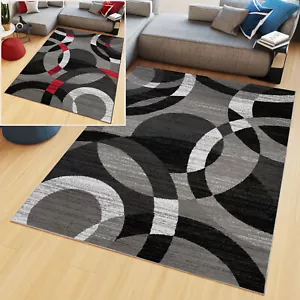 Tappeto pelo corto moderno pelo corto motivo geometrico cerchi rosso grigio soggiorno - Foto 1 di 13