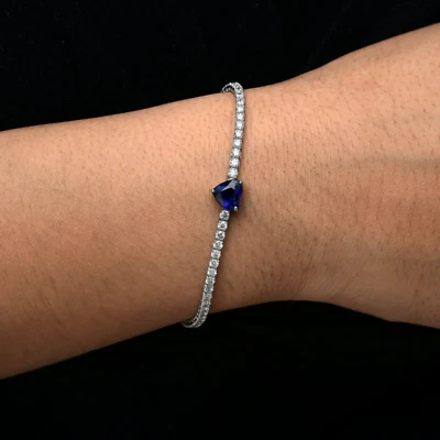 Blauer Saphir Herz Kunstdiamanten Grown Cvd Diamant Tennis Armband 14k Weiß Gold - Bild 1 von 4