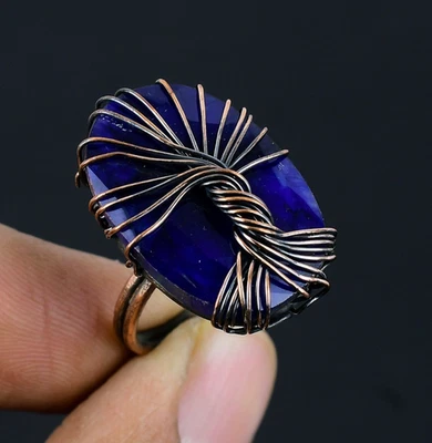 Anillo de zafiro azul hecho a mano piedras preciosas alambre de cobre árbol de la vida creado en laboratorio Foto 1 de 4