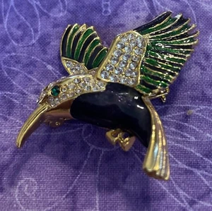 Brosche Kolibri Vogel blau grün Emaille Strass goldfarben Vintage - Bild 1 von 3
