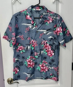 Vintage Islander Mens Medium Gray Hawaiian Aloha Floral Palm Trees Pocket Shirt - Picture 1 of 3