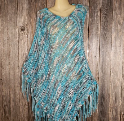 NEW Turquoise Blue Gray Ombre Hand Knit Handmade Boho Hippie Poncho Sweater  - Image 1 of 4