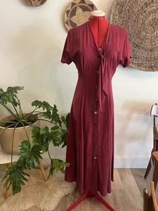 MZM burgundy maroon dress vintage 28” waist button up Front Tie - Picture 1 of 7