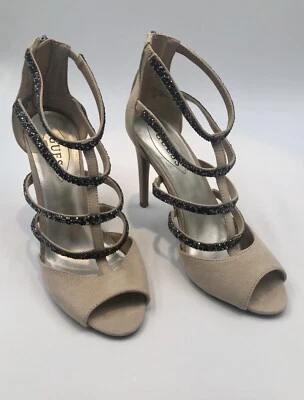 GUESS WGHALSTON Beige Sand Metallic GRAY Rhinestone Heel Strappy Sandal Evening - Image 1 of 4