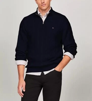 Suéter masculino Tommy Hilfiger de malha de algodão com zíper quarto preto tamanho M US$ 109 - Imagem 1 de 4
