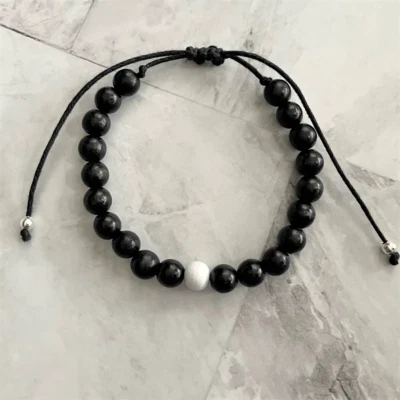 Black and White Mens Wood Beaded Adjustable Bracelet - Image 1 of 2