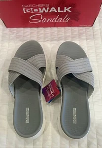 Skechers Women's On-The-Go 600 Cross Band Slide Sandals-sz 10-Grey/Glitter strap - Picture 1 of 21