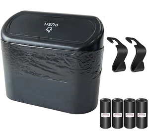 Car Trash Can Bin with Lid, 60 Pcs Trash Bags and 2 Pcs Car Hooks. Mini Car Garb - Picture 1 of 12