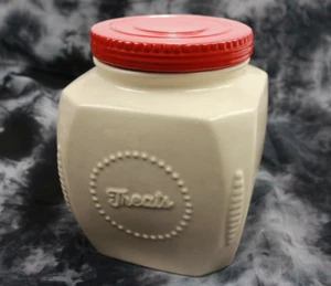 SCM Home Stoneware Canister Treats Cookie Jar White With Red Lid 7.5" Tall - Picture 1 of 5