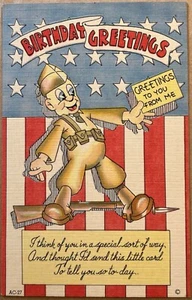 Patriotic Military Comic Army Humor Birthday Greetings Postcard c1940 - Picture 1 of 5