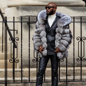 Mens New Luxury Winter Fashion Real Silver Fox Fur Hood Jacket Nature Fur Coat - Picture 1 of 8