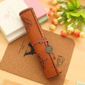 Canvas Treasure Map Wrap Roll Up Pencil Bag Leather Case Holder Pouch Brown - Picture 1 of 5