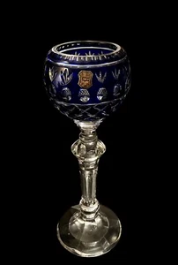 Polish Crystal 12" Cobalt Blue Cut to Clear Art Glass Candleholder Excellent - Picture 1 of 8