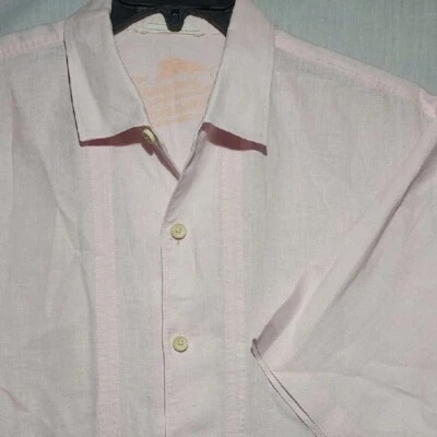 Tommy Bahama 100% 亚麻短袖纽扣男式衬衫 L 码粉色 — 第 1/4 张图片