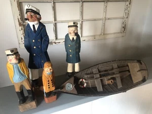 Vtg 1960s NAUTICAL figures Hand Carved With A Boat Great 5 Pcs Decor FREE SHIP - Picture 1 of 11