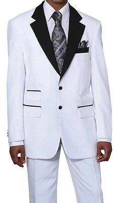 Men's Two Button High Fashion Suit with pants in White/ Black Lapel 2-tone Color - Image 1 of 3