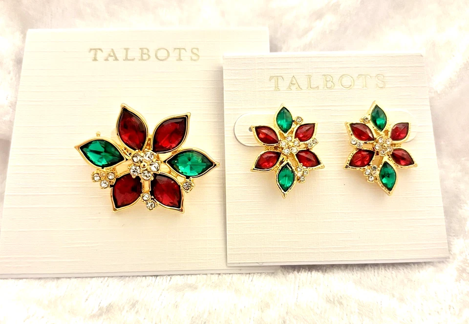 TALBOTS ROJO Y VERDE sobre DORADO con BROCHE DE FLOR DE PASCUA POPPIN PIEDRAS CLARAS (NUEVO CON ETIQUETAS) Foto 1 de 1