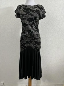 Vestido Vintage Cintura Caída Para Mujer Pequeño Negro Plata Brillante Aleta Años 80 Hecho en EE. UU. - Imagen 1 de 10