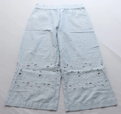 Talbots Women's Wide Leg Crop Floral Embroidered Linen Pants CL8 Soft Blue Large - Image 1 of 4