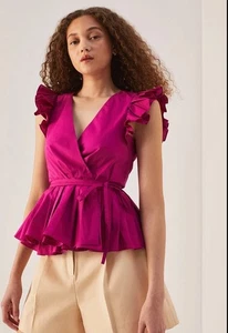 Top envolvente Rebecca Taylor Peplum Fushia diseñador volantes sin mangas talla 6 nuevo con etiquetas $225 - Imagen 1 de 14