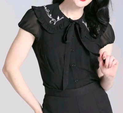 Hell Bunny Ivie Womens S Black Button Down Blouse Embroidered Flowers Gothcore - Image 1 of 4