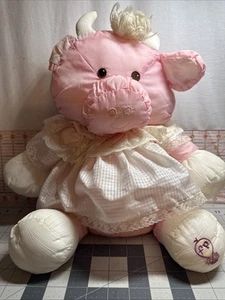 Vintage 1986 Fisher Price Puffalump 14" rosa Kuh Stier Spitzenbesatz Kleid - Bild 1 von 9