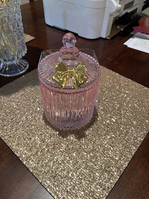 Pink glass canister with gold bow decor - Image 1 of 4