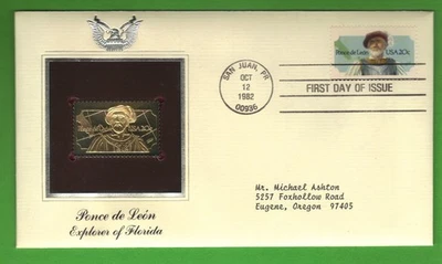 US First Day Cover 20c Stamp with 22k Gold Replica Scott #2024 – Ponce de León - Image 1 of 4