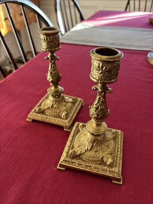 Vintage Pair Candle Holders French Brass 6.25” H Edwardian - Image 1 of 4