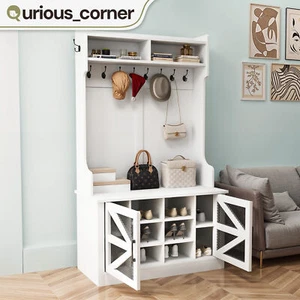 4 in 1 Shoe Cabinet Rack Coat Hall Tree Farmhouse Storage Bench Top Shelf Hooks - Picture 1 of 11