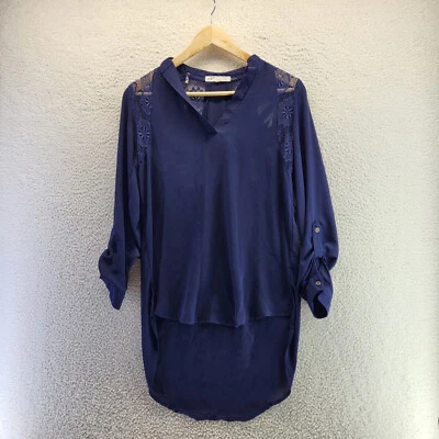 Jolt Shirt Womens Small Blue Floral Crochet Long Sleeve Roll Tab Pullover - Image 1 of 4