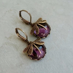 Earrings Women Vintage Boho Dragonfly Purple Crystal Dangle Jewelry Gift Fashion - Picture 1 of 12