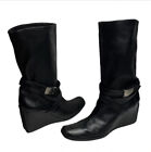 Stuart Weitzman | Black Wrapumup Square Toe Leather Wedge Moto Boots Size 10.5