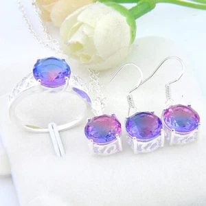 Neu Schmuckset rund lila Turmalin Edelsteine Silber Ohrringe Halskette Ring 7 8 9 - Bild 1 von 13