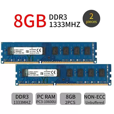 Kingston 16GB Kit 2x8GB DDR3 1333Mhz PC3-10600U KVR1333D3N9/8G Desktop PC RAM DE - Bild 1 von 4