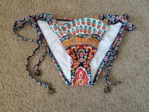 NANETTE LEPORE TIE SIDE BIKINI SWIM BOTTOM SMALL ORANGE WHITE GREEN PLUM - Picture 1 of 4