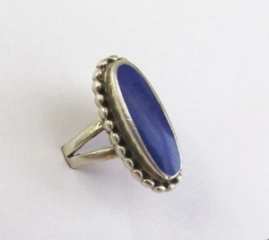 VINTAGE 1940s 50s SIGNED STERLING SILVER 925 RING POLISHED BLUE STONE SIZE 4 3/4 - Picture 1 of 12