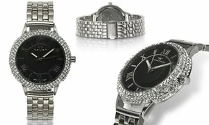 NEW Tavan 1436 Crichett Diamond Pave Bezel Roman Numeral Black Dial Silver Watch - Picture 1 of 1