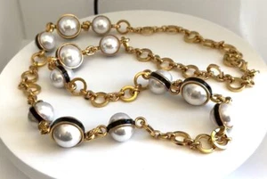 KENNETH JAY LANE, 32" INCH GOLD/BLACK ENAMEL WHITE PEARL LINK NECKLACE!! - Picture 1 of 5