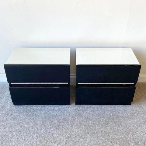 1980s Vintage Italian Mirrored Top Black Lacquered Nightstands - a Pair Cover