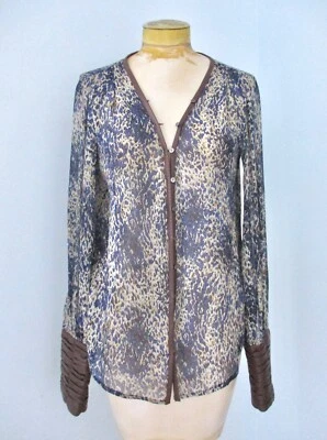 Elizabeth and James blue semi-sheer chiffon splatter top padded leather cuffs XS - Image 1 of 4