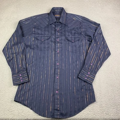VTG Panhandle Slim Western Shirt Mens 15.5-34 Blue Striped Metallic Pearl Snap - Image 1 of 4