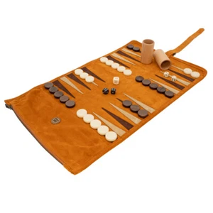 The Manopoulos  Suede Roll Up Travel Backgammon Set - Cinnamon - Picture 1 of 7