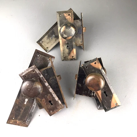 Architectural Salvage THREE (3) Antique Mortise Metal Locks Doorknobs Faceplates Cover