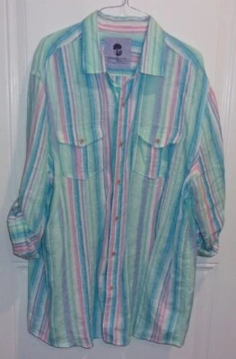 Men's Coast to Coast 100% Linen Stripe Button Front Roll Tab Sleeve Shirt XL - Image 1 of 4