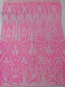 Sequins Fabric - Candy Pink - 4 Way Stretch Fancy Big Damask Design Sold By Yard - Picture 1 of 3