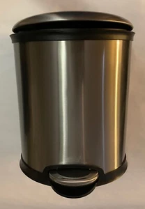 Small Oval Shaped Stainless-Steel Black Border & Bottom Foot Activated Trash Can - Picture 1 of 8