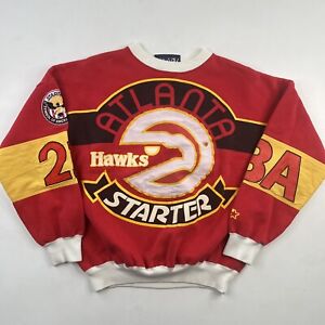 Vintage Starter Atlanta Hawks 80's Pullover Crewneck Sweater Sz L All Over Print