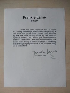 Hoja de papel autografiada por Frankie Laine de 8 1/2" X 11" con cotización - Imagen 1 de 2